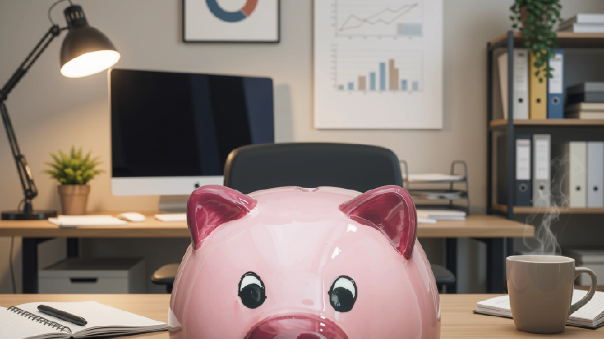Piggybank sitting on an office desk